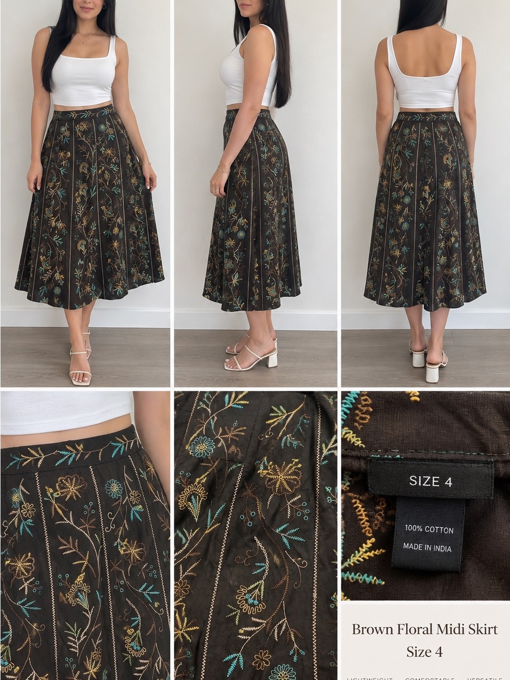 VTG SILKLAND Brown Embroidered Linen Blend Midi Skirt 4 Boho Dark
Romantic Chic